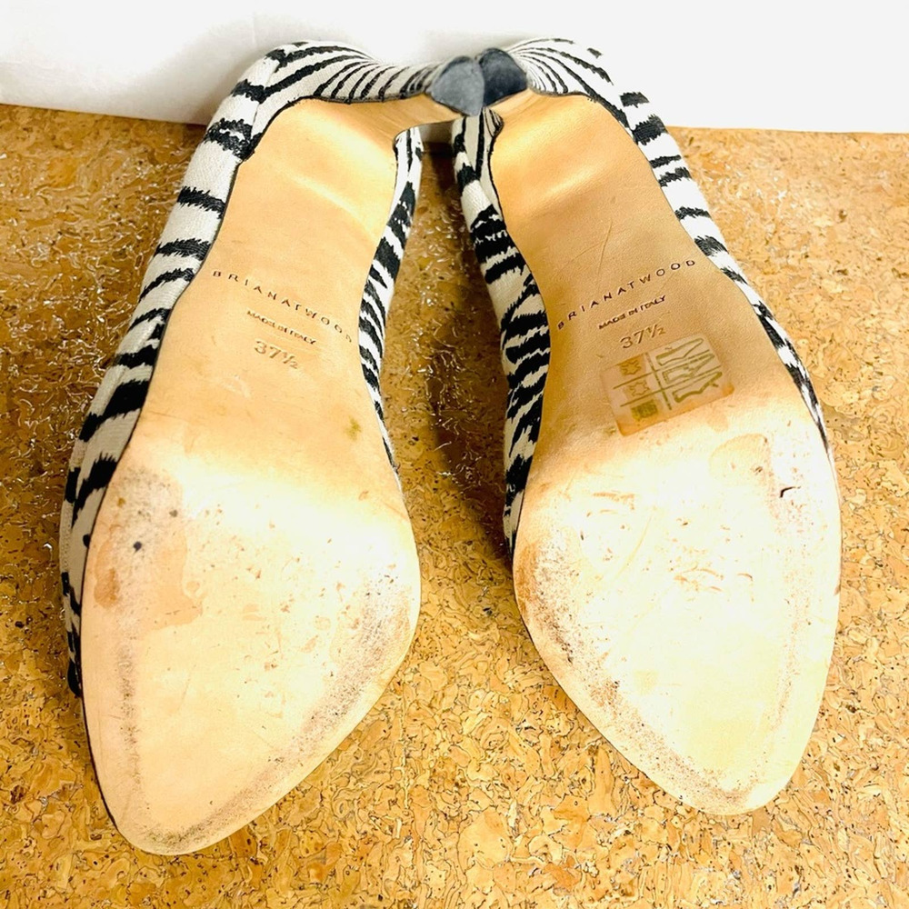 Brian Atwood Linen Zebra Print Open Toe Pump - image 4
